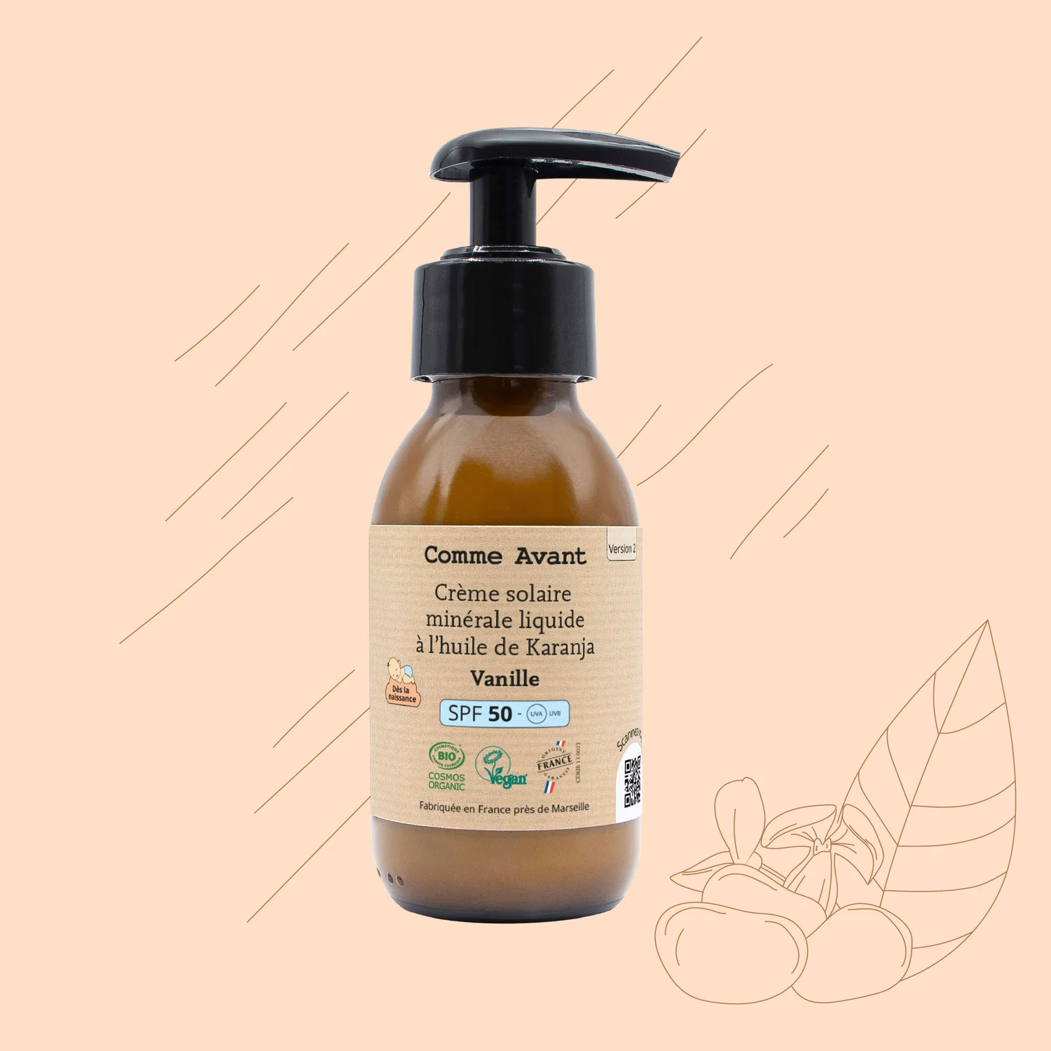 Crème solaire SPF50 minérale liquide à l'huile de karanja - Version 2 - Vanille – Image 2