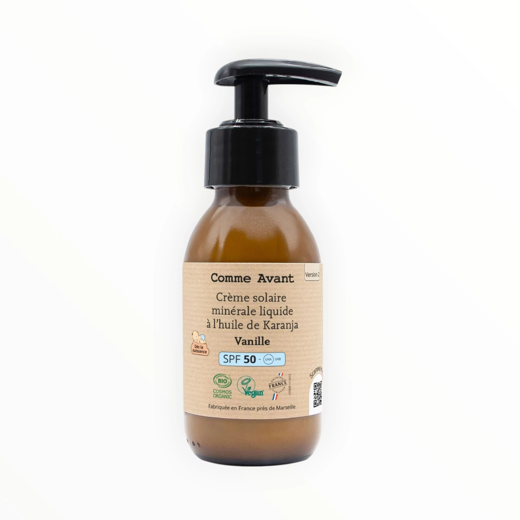 Crème solaire SPF50 minérale liquide à l'huile de karanja - Version 2 - Vanille